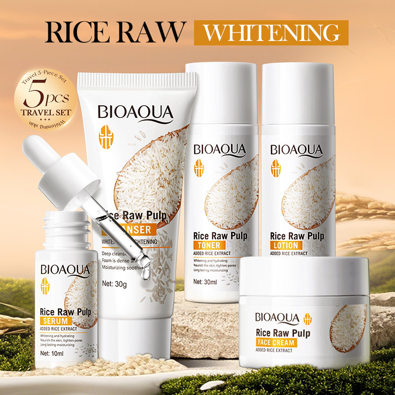 Skincare Whitening - ชุดผลิตภัณฑ์ดูแลผิวหน้าข้าวบด ช่วยให้ผิวขาวกระจ่างใส ชุ่มชื้น ปลอบประโลมผิว ประกอบด้วย โฟมล้างหน้า+โทนเนอร์+เอสเซนส์+โลชั่น+ครีมบำรุงผิว